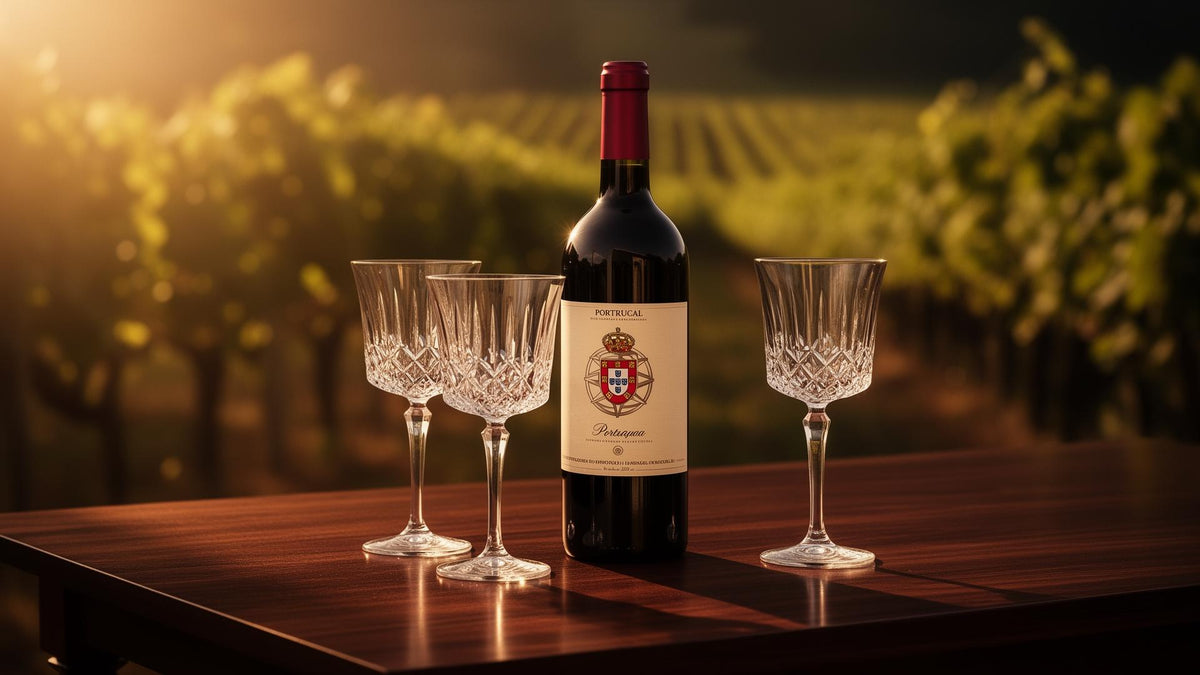 Composição editorial com vinho e uma paisagem de vinhas portuguesas