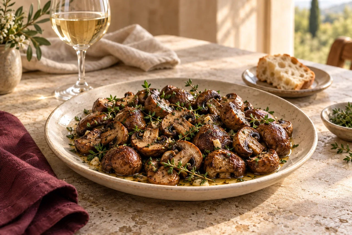 Ofenpilze mit Kräutern und ein passender Wein