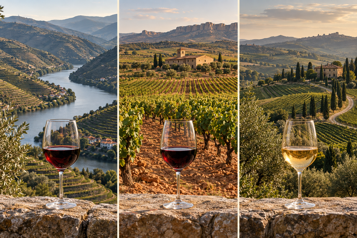 Illustrative Komposition von Weinbergen in Portugal, Spanien und Italien mit Weingläsern.